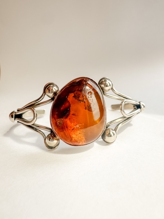 Jewelry - Vintage Silver Cuff Bracelet with Natural Oval Baltic Amber Stone Bezel Setting